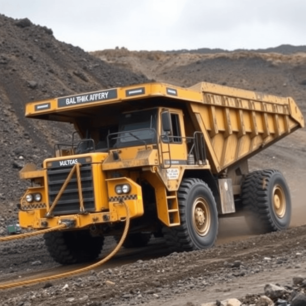 A large yellow mining dump truck on a dirt road surrounded by piles of rocks.