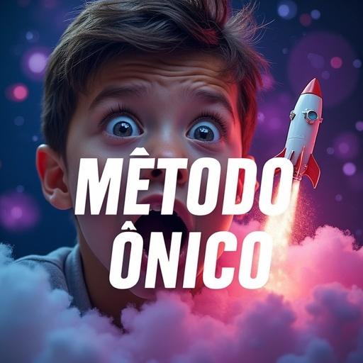 Close-up of young adult's face showing extreme surprise. Stylized rocket taking off beside the face. Background features vibrant explosion of purple, blue, and pink colors. Overlay text 'MÉTODO ÚNICO' in thick white letters with black outline.