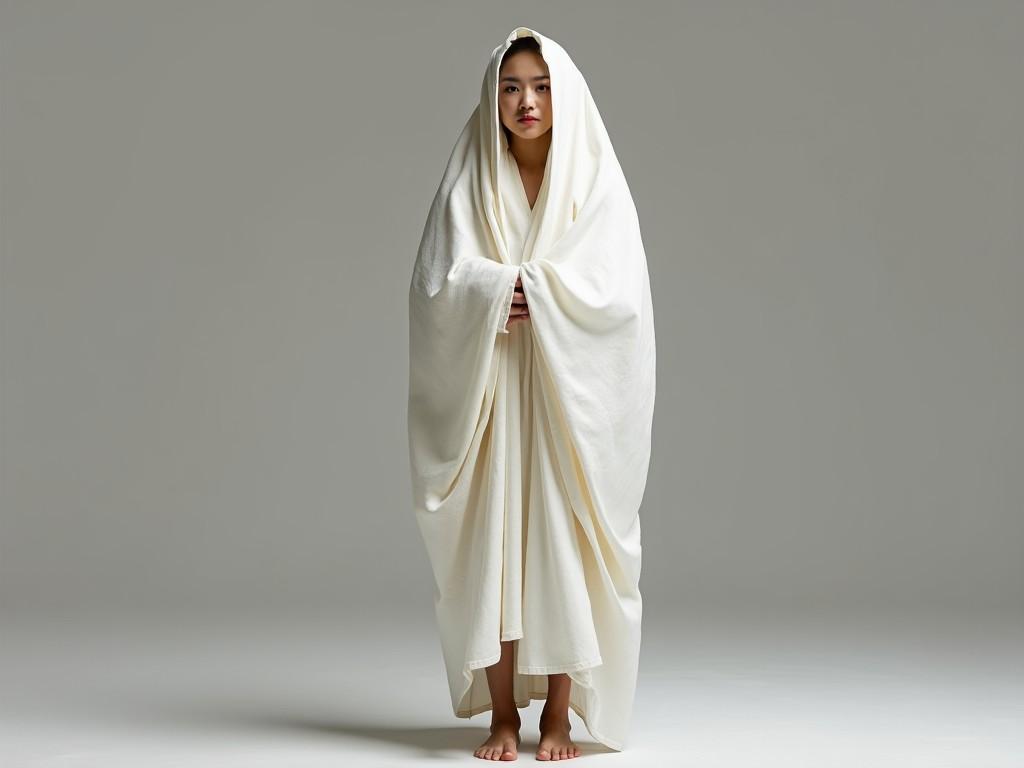 The image shows a person standing and wearing a traditional white robe or shroud draped over their body. The garment is simple yet elegant, partially covering the head. The attire suggests a sense of serenity and solemnity. The person is barefoot, which might imply humility or traditional customs. The overall appearance focuses on a calm and introspective expression.