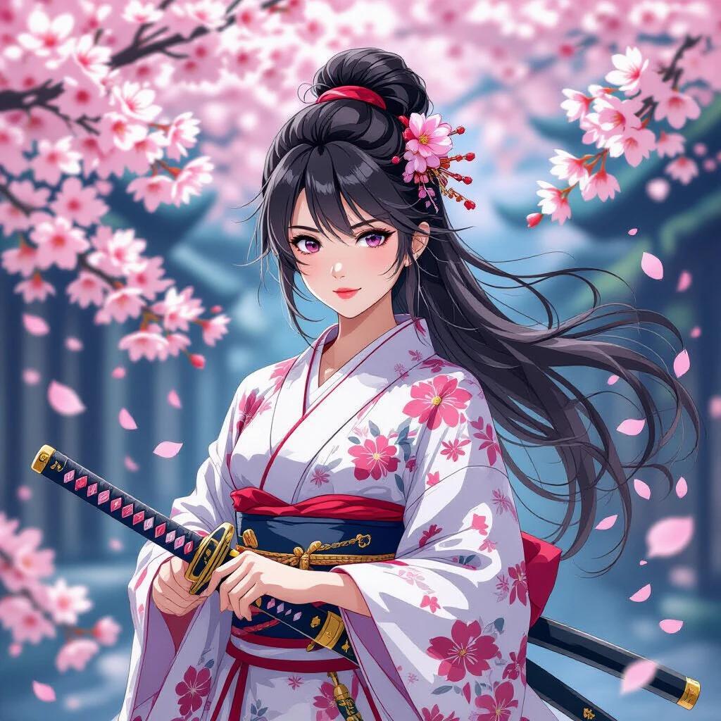Samurai girl holding katana stands in a cherry blossom background. Vibrant colors and traditional attire.