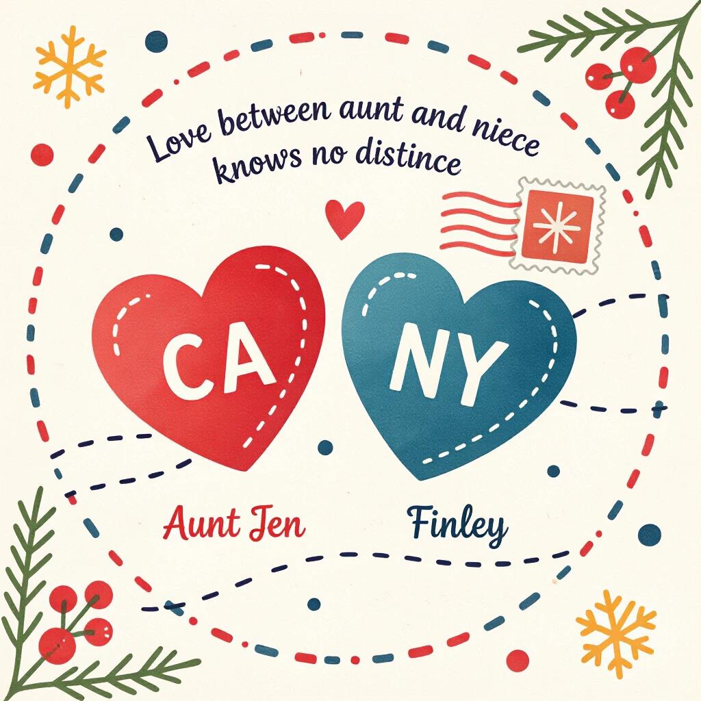 Watercolor art illustrates a playful distance between aunt and niece. Two hearts in red and blue represent California and New York. Handwritten message expresses love. Names Aunt Jen and Finley noted under hearts. Christmas motifs enhance the design. The background is a soft white, providing a cute cartoon aesthetic.