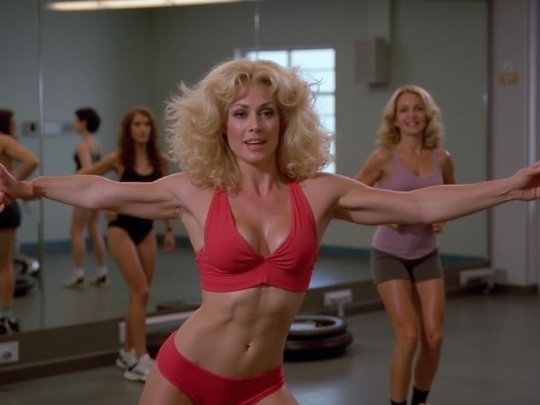 A female leader in a red exercise outfit performs in a shocked exercise class. Transformation into a drag queen is depicted. Heavy makeup and a cheap wig are visible. Other participants respond in the background. Scene from 'Queens of the Gym' (1988).