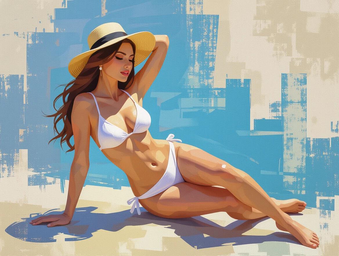 A beautiful woman in a white bikini reclining on a beach. She has long hair and wears a wide-brimmed hat. The background features abstract shapes in blue and tan.