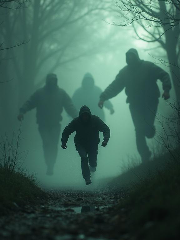 Person fleeing from shadowy figures. The scene evokes panic. Motion lines and dynamic pose depict speed. The atmosphere is eerie and foggy.