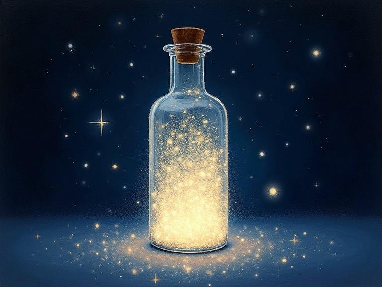 Crystal small cylindrical bottle filled with white light. Style of Pointillism. Inspired by painting techniques of Seurat.