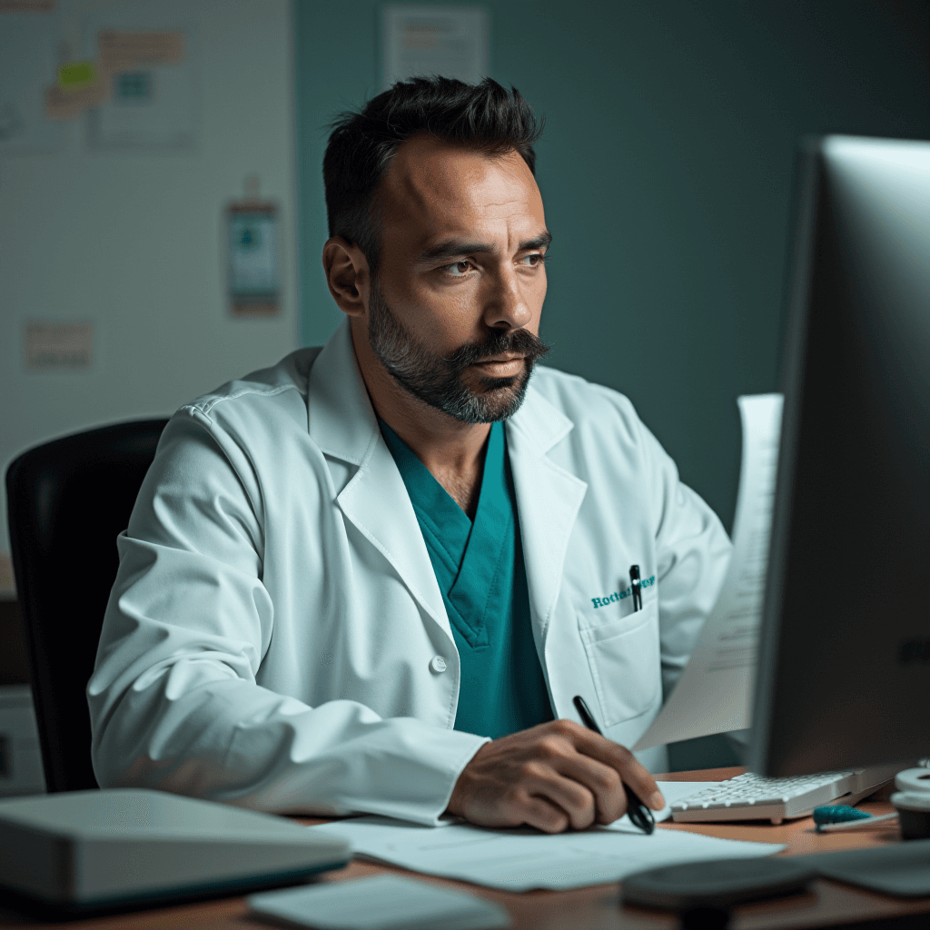 A man in a white lab coat attentively works at a computer desk, holding a paper and a pen.