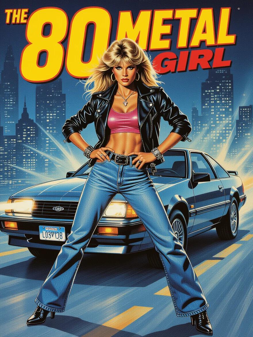 Fierce confident woman in leather jacket stands in front of a super car. Wearing trendy jeans and a cropped top. City skyline in the background. Vibrant colors create a dynamic atmosphere. Inspired by 80s action films.