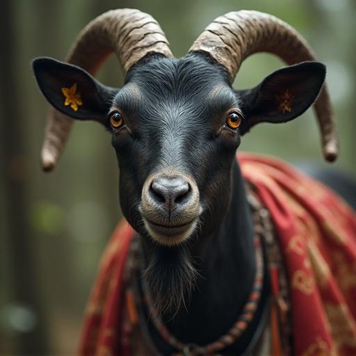 Photo shows goat with distinct horns and a quirky smile. Background features natural greenery. Goat displays charm and eccentricity in a unique attire.