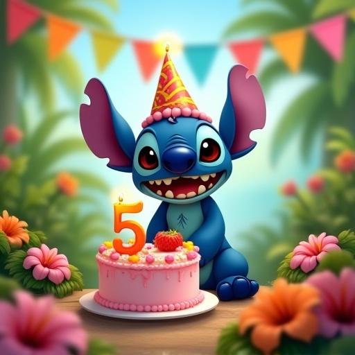 Stitch character in a tropical park. Birthday cake with number five candle. Colorful flags in background. Lots of tropical flowers around.