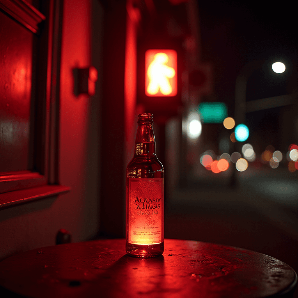 A beer bottle glows red under city lights on a night street scene.