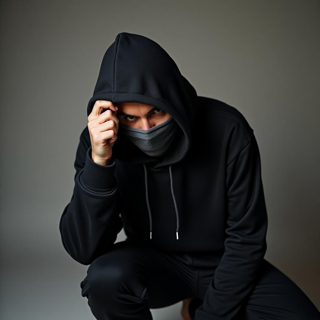 Man wearing a hoodie and face mask. The individual is partially revealing his side face and kneeling down. The scene captures a mysterious and urban aesthetic.