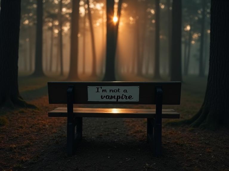 Solitary wooden bench in dimly lit forest at dusk. Note on bench says I'm not a vampire in cursive. Warm light from sunset through trees. Serene enchanting atmosphere.