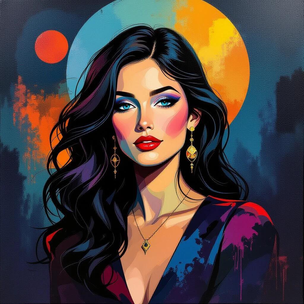 Painting with three colors featuring a woman with long flowing hair in a vibrant setting. Artwork reflects the styles popular in the 70s and 80s dark fantasy genre. Background features cool hues contrasted by warm tones.