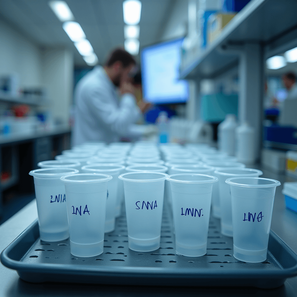 The image shows a laboratory setting with several clear plastic cups labeled on a tray.