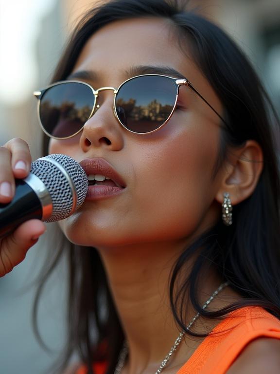 Hyperrealistic closeup of a female rapper wearing sunglasses with a microphone. Indonesian hip-hop culture evident in style. Vibrant colors and street backdrop. Captured in daylight. Dynamic performance and focused expression.