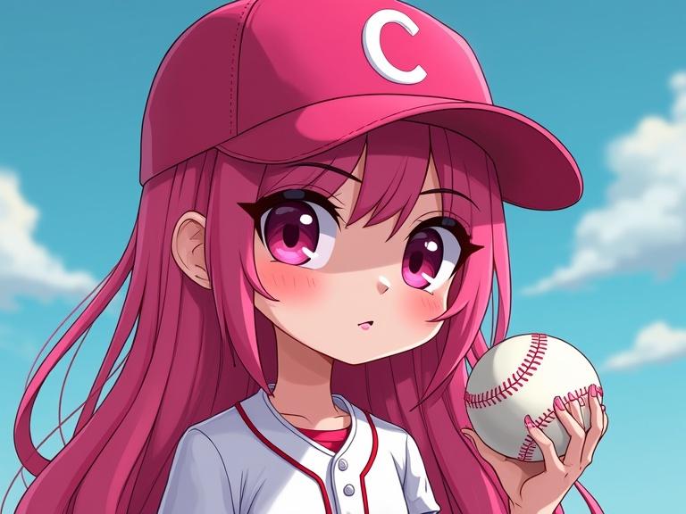 A chibi woman in a baseball uniform wearing a pink baseball hat. She has bright pink skin. The character holds a baseball and poses for the portrait. The background depicts a clear blue sky.