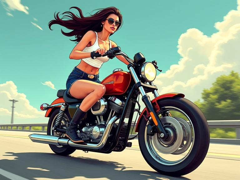 illustration of a stylish woman in a crop top and mini skirt joyfully riding a motorcycle on a sunny street