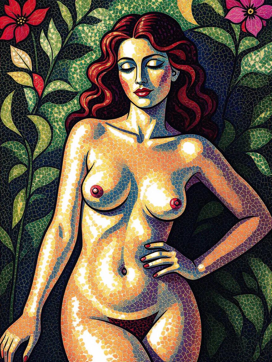 Pointillist artistic representation of a nude woman surrounded by decorative foliage and flowers. Emphasizes vibrant colors and intricate details in a style inspired by Chagall. The composition focuses on the human figure as a natural element.