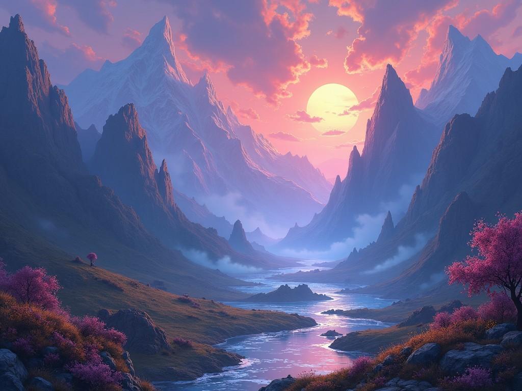 This image showcases a breathtaking fantasy landscape characterized by majestic mountains and a serene river flowing through a lush valley. At the center, a vivid sunset bathes the scene in warm pink and purple hues, creating a dreamlike atmosphere. Soft clouds float in the sky, enhancing the tranquility of the setting. Flanked by flowering trees, the foreground features rich greenery, inviting viewers into the scene. This artwork would be an eye-catcher for any content related to online gaming, particularly MuOnline and FlawlessMU.