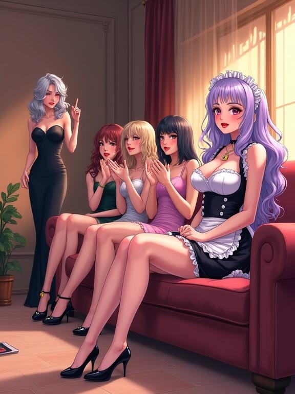 Vibrant anime-style illustration set in a cozy upscale living room with plush furniture and warm lighting. A group of elegantly dressed women sit on a sofa, clapping and giggling with amused expressions. A commanding wife in a sleek dress stands with a smirk, gesturing. A middle-aged crossdressing sissy maid is dressed in a frilly black-and-pink maid uniform with sheer stockings and glossy heels. Their makeup is bold with thick eyeliner and glossy red lips. They are blushing with nervous expressions. A decorative chastity lock pendant is visible.