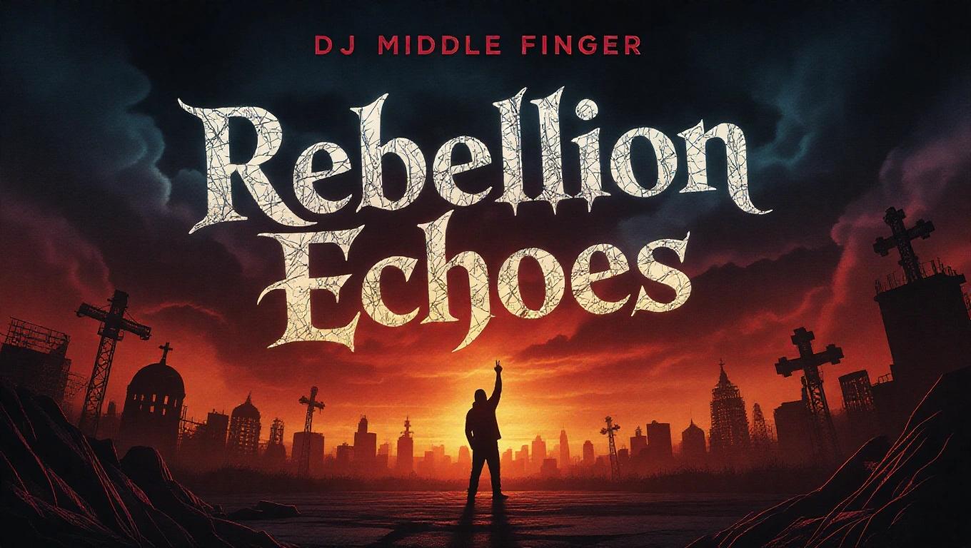 A dark artistic hellscape hip hop album cover featuring bold text for 'Rebellion Echoes' and 'DJ Middle Finger'. The background includes a skyline with grave markers and a silhouetted figure holding a raised hand against a sunset.