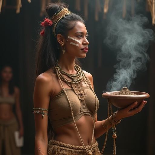 Maya ritual dancer in earthy fabric with jute belt. Body painted with white lines, tribal face paint. Carrying incense burner with copal. Smoky and sacred atmosphere.