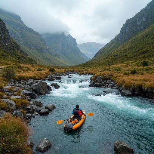 A scenic image shows a person kayaking on a river surrounded by mountains and lush greenery. The scene captures the beauty of nature in a fjord. The sky is overcast, contributing to a dreamy atmosphere. Rocks are visible in the water, emphasizing the rugged terrain. The person is sitting in a bright orange kayak, paddling gently through the clear blue water.