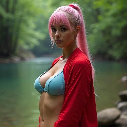 A woman with pink hair in a ponytail. She wears a red cassock and a light blue bikini. She poses in a forest by the river.