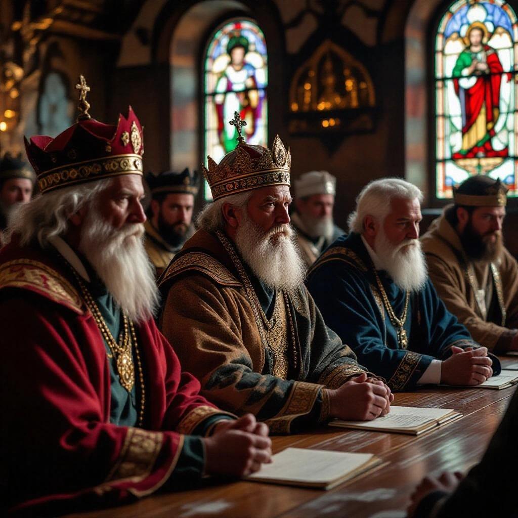 Middle age priests gather in a council room. They are seated at a long table with rich fabrics and religious symbols. Stained glass windows depict figures in history. The mood conveys seriousness and authority.