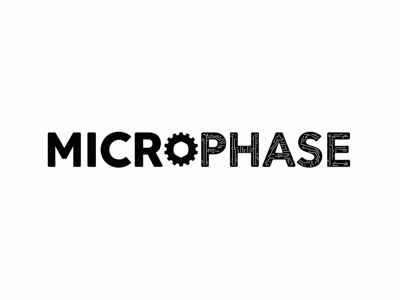 The image features the word "MICROPHASE" prominently displayed in a bold, modern font. Each letter showcases a unique design element; some are plain black while others incorporate patterns reminiscent of circuit boards or gears. The central letter, "O," is replaced with a gear icon, adding an industrial touch to the text. The combination of these elements suggests a theme related to technology or engineering. Overall, the design appears clean and visually engaging, suitable for a tech-oriented branding or project.