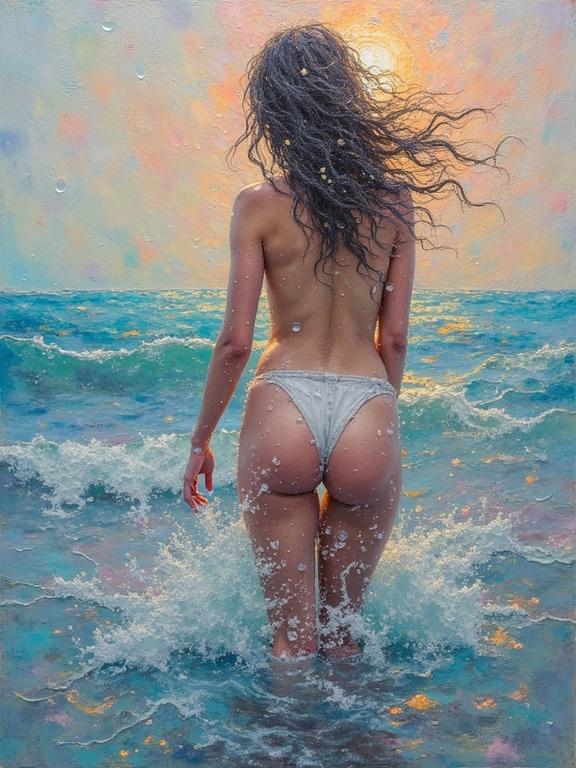 Nude body at the beach with iridescent bubbles and ethereal atmosphere in abstract style using encaustic mixed media