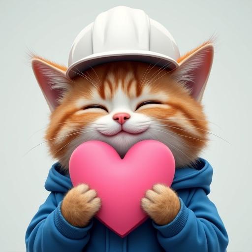 semi-realistic cat holding a pink heart smiling sweetly eyes closed wearing a white hard hat and blue work jacket