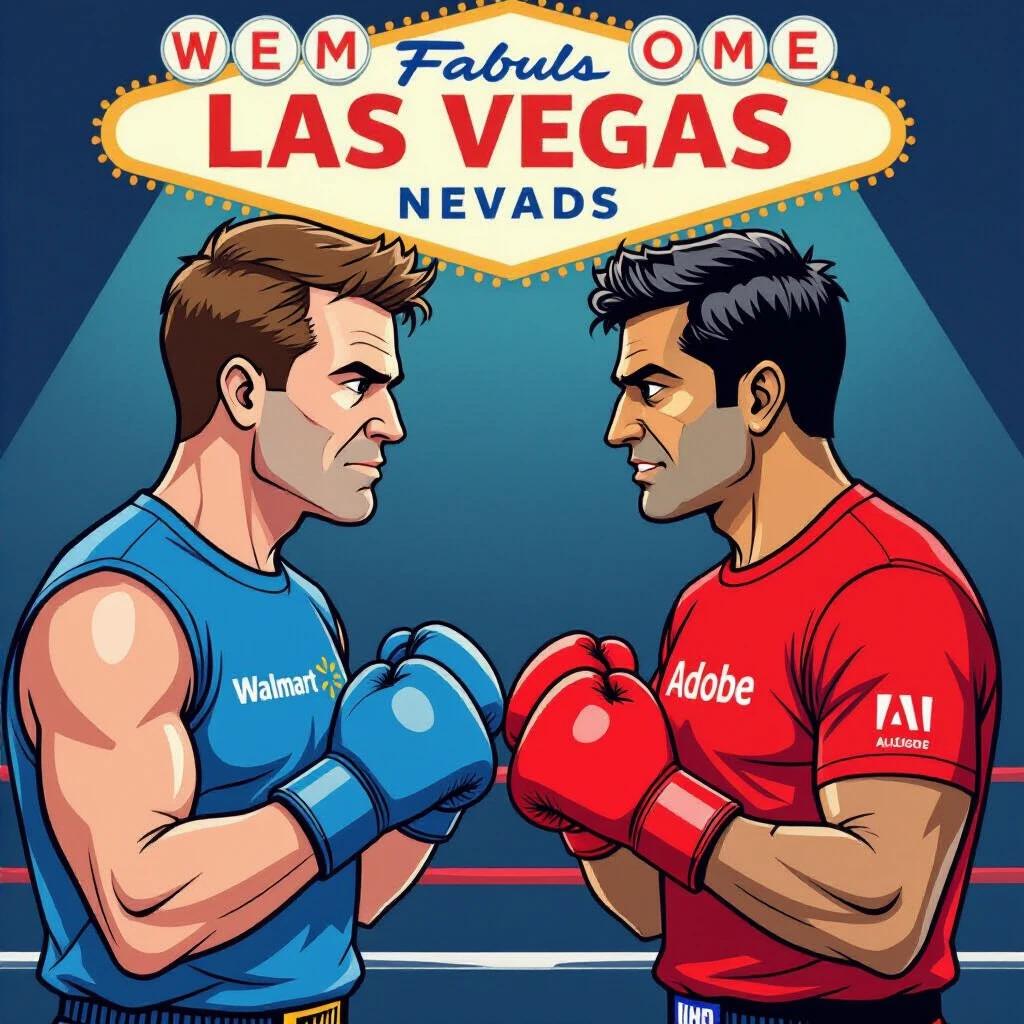 Square cartoon image of two male boxers facing each other in Las Vegas fight-poster layout. Left boxer in Walmart blue shirt. Right boxer in Adobe red shirt. Both in profile with aggressive expressions. One with fists raised. Pure white background. Crisp lines and high contrast.