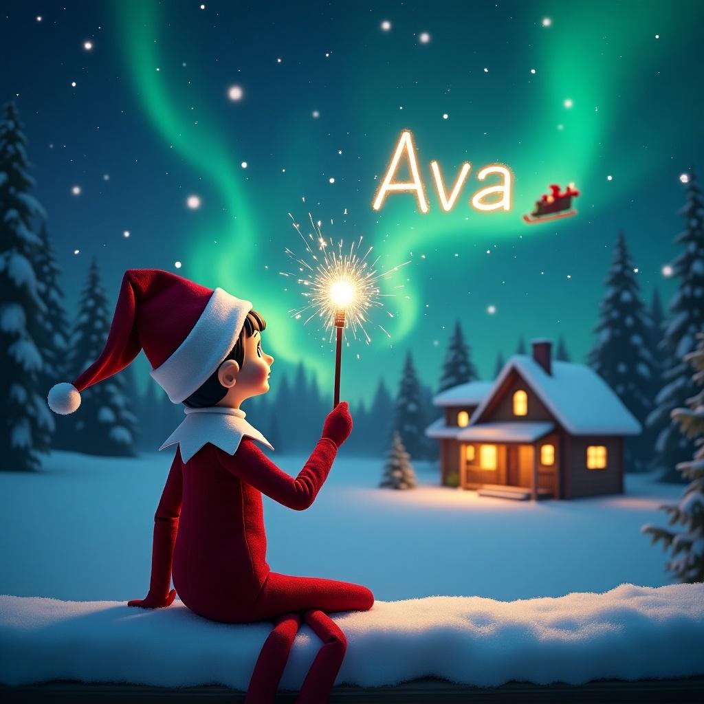 Enchanting scene features an elf on shelf sitting on snowy ledge. The elf gazes up into night sky filled with stars and vibrant northern lights. He holds sparkling wand writing 'Ava' creating magical effect. In the background, cozy cabin glows warmly evoking holiday comfort. Santa and sleigh can be seen flying across sky adding festive atmosphere.