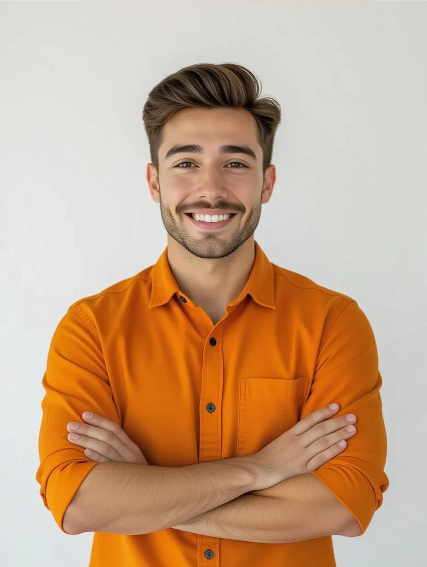 A hyper-realistic portrait of a young man in an orange shirt. He stands with his arms crossed, facing the camera with a relaxed posture. The background is completely white with soft studio lighting. The image showcases high detail and realistic fabric texture.
