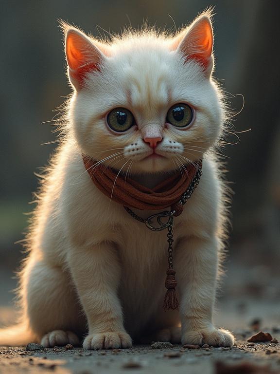 A cute stylized cat sits calmly. The cat has big expressive eyes and a fluffy appearance. It wears a fashionable scarf and is framed by a natural backdrop. The lighting is soft and warm, creating a charming atmosphere.