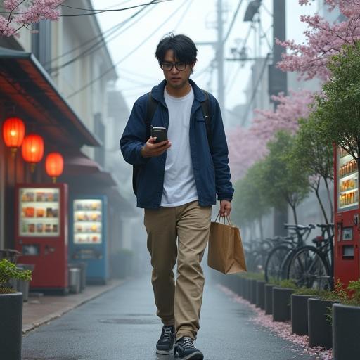 A man with slightly messy black hair and light stubble wears round glasses. He is dressed casually in a navy-blue jacket over a white t-shirt with khaki pants and dark sneakers. One hand holds a paper bag with takeout food; the other, a smartphone. A black backpack hangs from one shoulder. His expression is relaxed and thoughtful, walking home after work. Around him are typical urban Japanese elements like vending machines, bicycles, small trees, and overhead power lines. A local ramen shop with red lanterns and steam is behind him. The air is slightly misty with cherry blossom petals floating in the breeze.