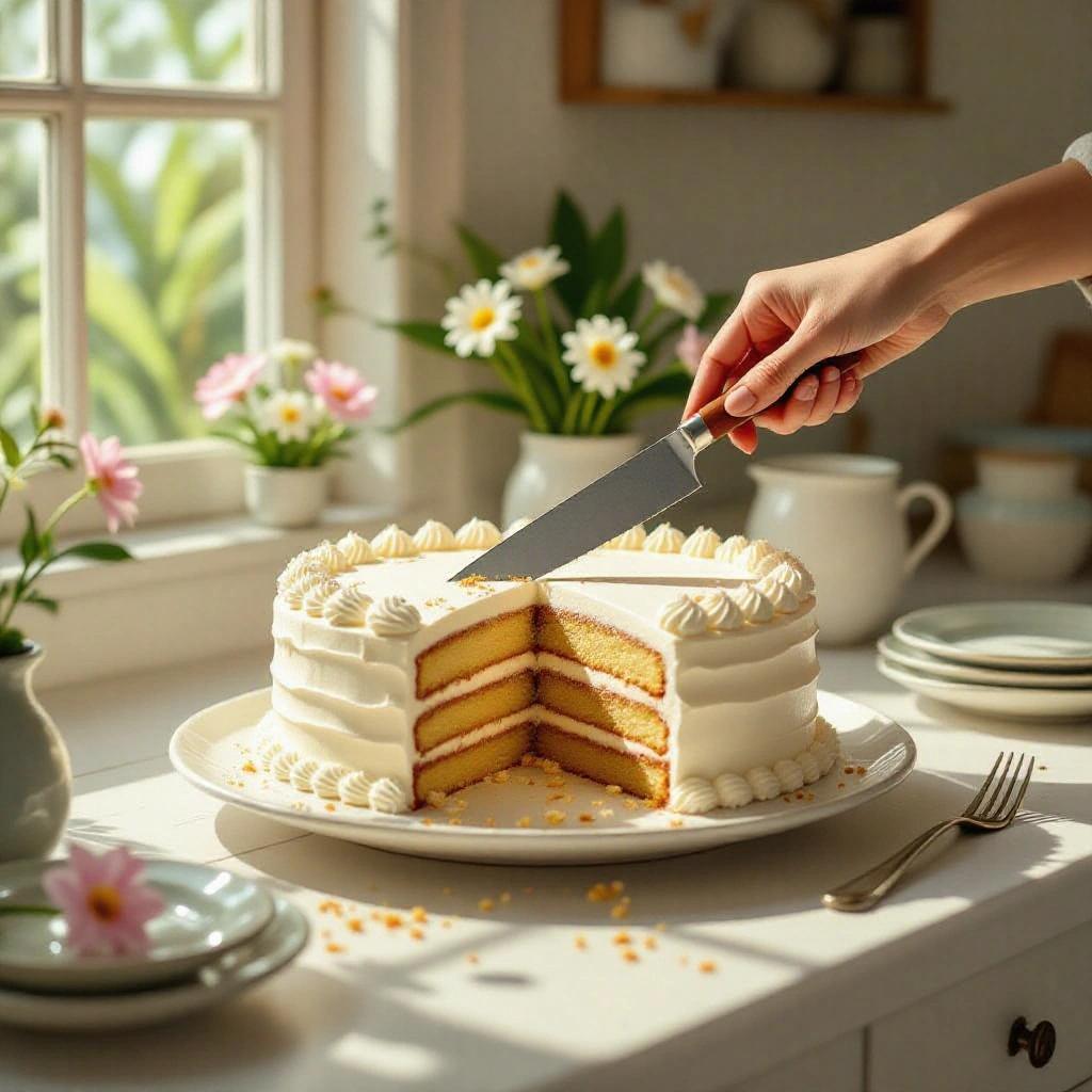 Scene features knife cutting through a rounded decorated cake on a white table. Soft natural light fills the room. Beautiful floral arrangements surround the cake.