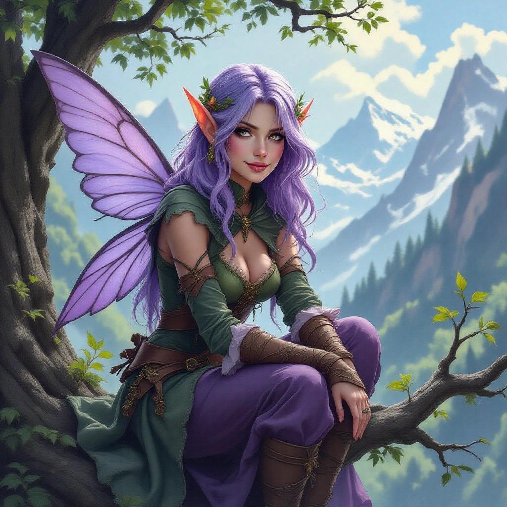 digital watercolor painting of a fantasy female fairy rogue with shoulder-length lavender hair and a mischievous smile, sitting on a tree branch with mountains in the background, dark fantasy style and gloom atmosphere, low-key light