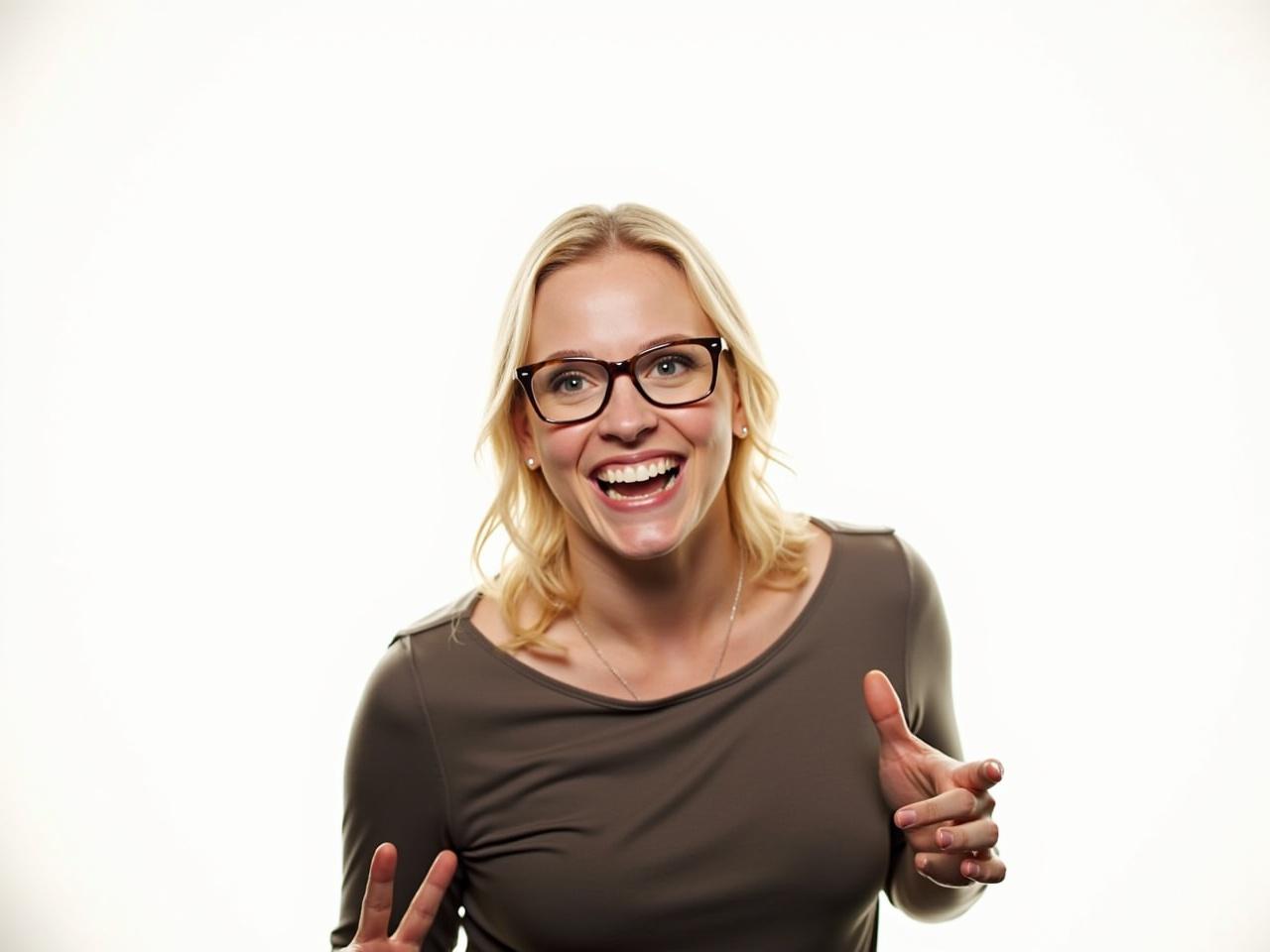 A joyful celebration is happening. A woman with blonde hair, wearing glasses, is smiling widely. She is standing against a bright, white background. The atmosphere feels uplifting, filled with excitement. Her outfit is a simple, dark top that contrasts well with her cheerful demeanor. The scene captures a moment of happiness, embodying the spirit of celebration.