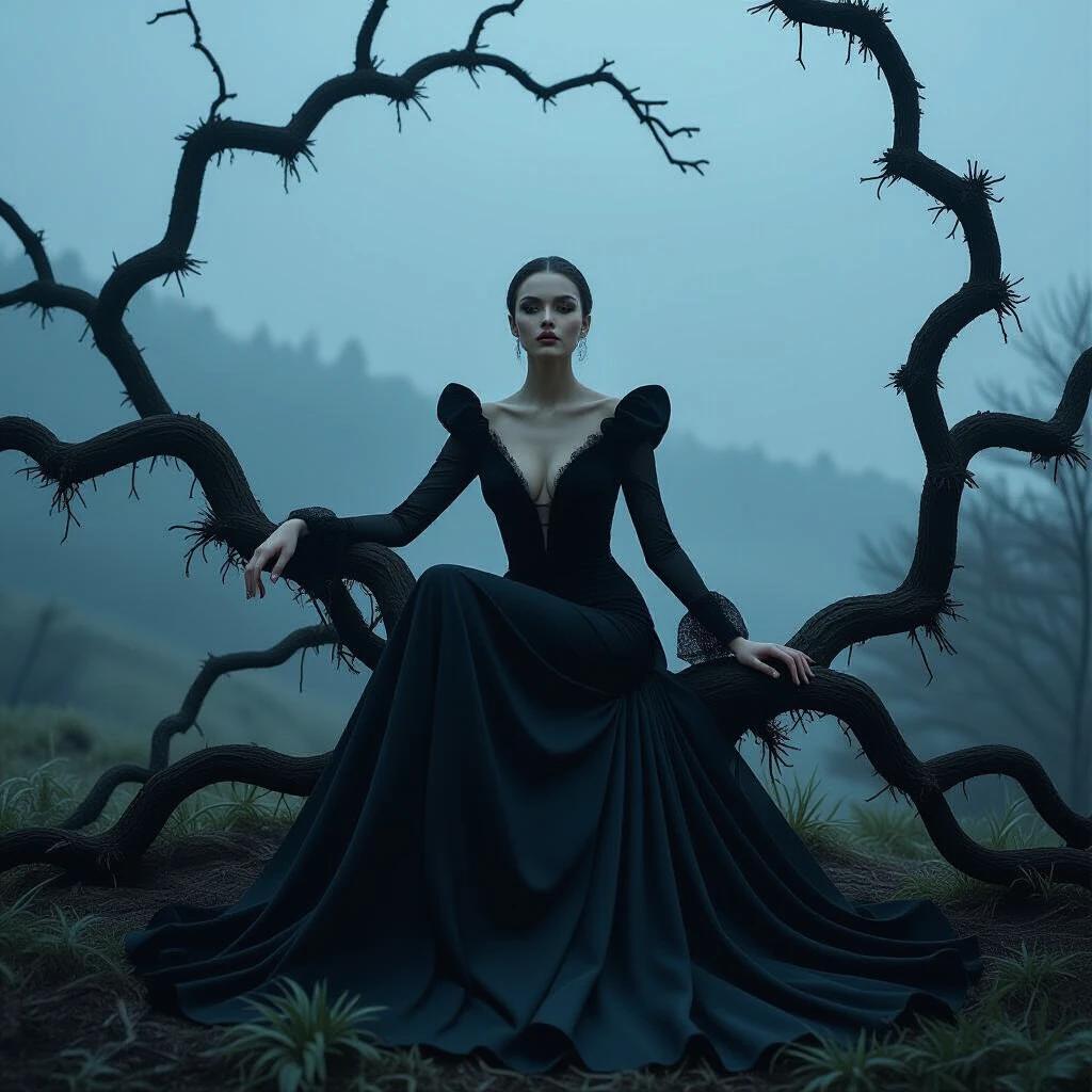 A woman seated among twisted branches. She wears a deep black gown. The scene is mystical and eerie. Ethereal lighting highlights her skin. The background shows a gray sky. Red orbs dangle from branches.