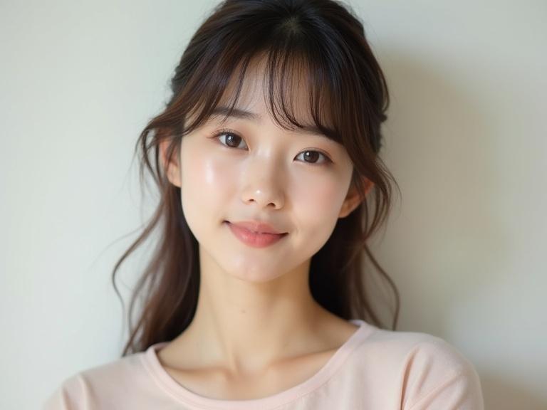 Portrait features a young Asian woman. She has soft, cute bangs and a gentle expression. Clean look includes minimal makeup and a light, simple top in pastel tones. Background is neutral. Lighting is soft and natural, creating a warm, approachable vibe.