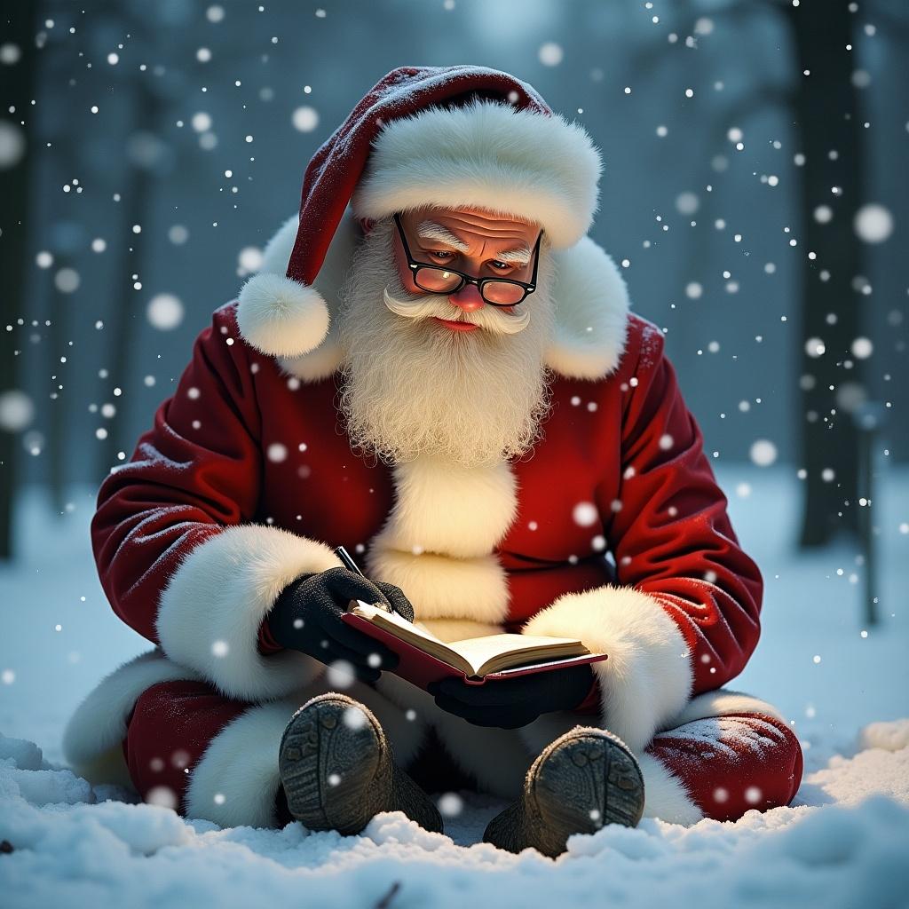 Realistic depiction of Santa Claus in the snowy forest. Santa is reading a book. Snowflakes are falling around him. He is wearing a traditional red suit with white trim. Soft light creates a holiday atmosphere.