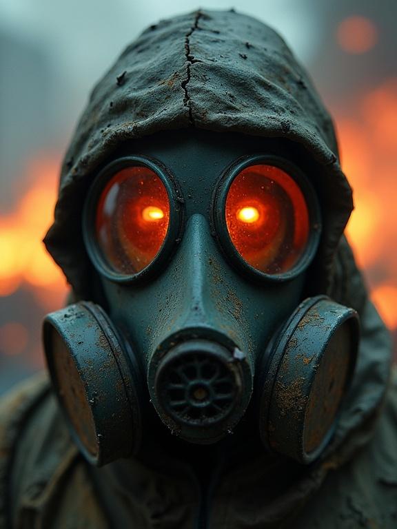 Close-up portrait of a man wearing a Soviet-era gas mask. The mask shows heavy wear and tear. Stains and dirt reflect a troubled environment. The glass lenses glow faintly. The background reveals a city on fire. Smoke and glowing particles fill the air. A flickering light enhances the moody effects. Shadows emphasize the mask's details.