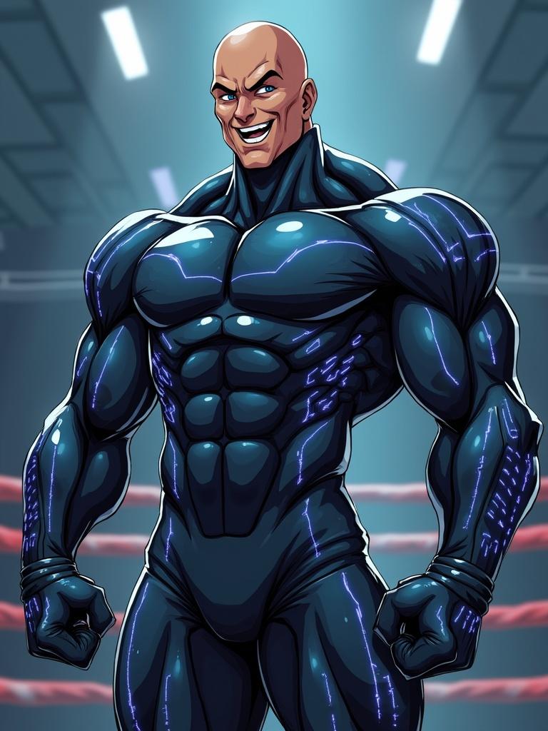 A muscular anime character inspired by Bob Sapp. The character wears a futuristic outfit with blue-lit grids. The character is ready for adventure and determined. One clenched fist and one open hand show a strong pose. The physique is tall and majestic in a T pose. The character has dark skin and detailed sharp features. Dynamic lighting enhances the scene in a boxing ring background.