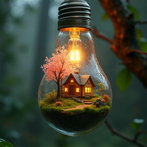 Surreal miniature terrarium inside a hanging lightbulb. Tiny ecosystem with a glowing cottage. Features a cherry blossom tree, green grass, and a small pond. Water droplets on glass. Warm lighting. Dark blurred background. Photorealistic detail.