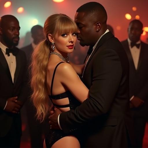 Music video scene in an underground nightclub. A woman with a long blonde ponytail and blue eyes wears a tight black dress and high heels. A man is holding her closely. They are surrounded by other men in suits. The lighting is dim and warm.