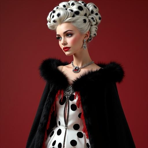 Elegant woman dressed in black and white gown with red accents. Iconic two-toned hairstyle styled as a royal braid or updo. Dalmatian fur cape reimagined as a royal sash. Intricate details in the gown and accessories.