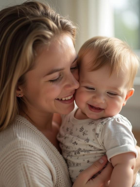 A mother holding her young child in a warm and loving embrace in a well-lit room. The focus is on their connection and warmth, showcasing their emotions and the beauty of family bonds.
