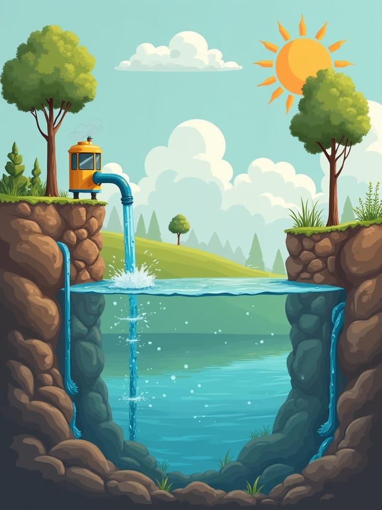 Illustration of a model representing nitrate pollution in groundwater with a farm source and a water body. A pipe releases water into a creek with trees and hills in the background. This depicts the flow of contaminants into water systems.